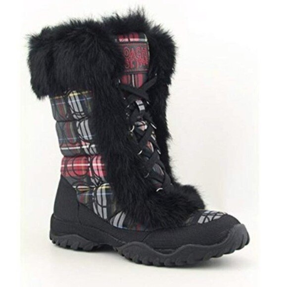 Coach Sz 7 Jennie Signature C Rabbit Fur Trim Tartan Plaid Designer Winter Boots - Picture 1 of 9